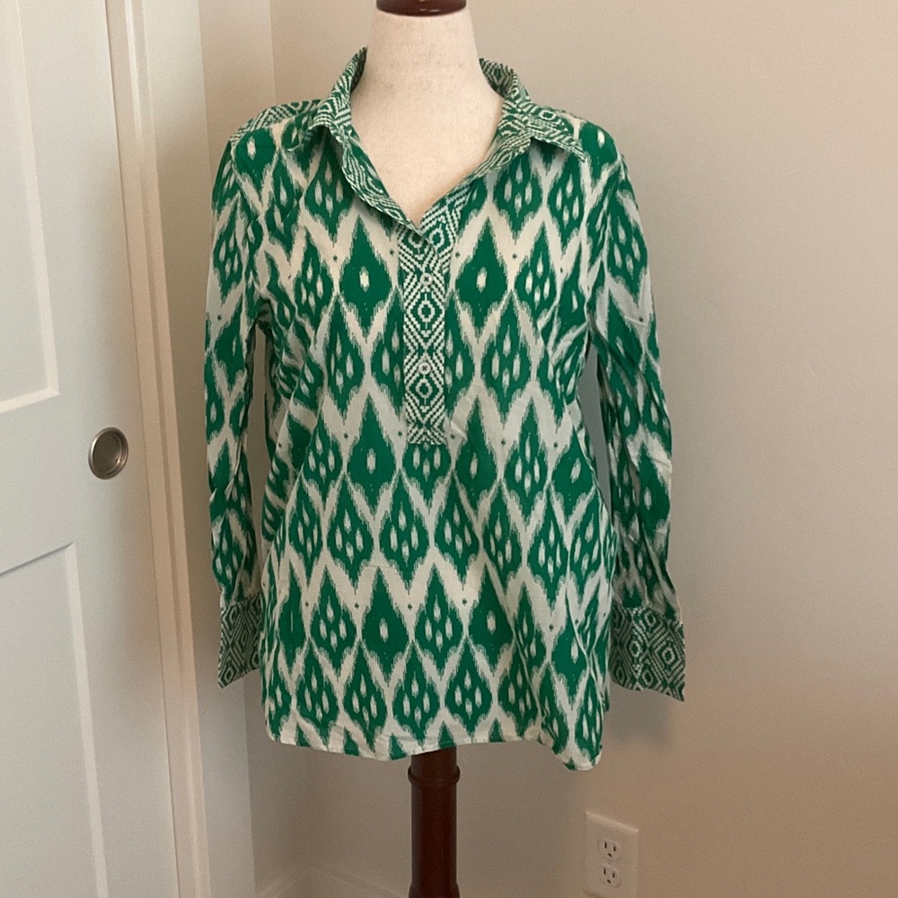 Talbots Green And White Patterned Button Down Shi… - image 1